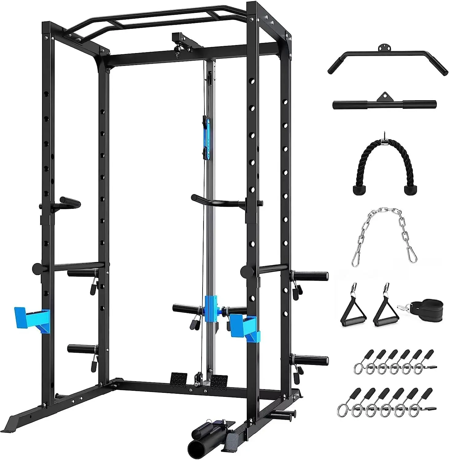 Cage, Multi-Functional Power Rack with J-Hooks, Dip Handles, Landmine Attachment and Optional Cable Pulley System for Home