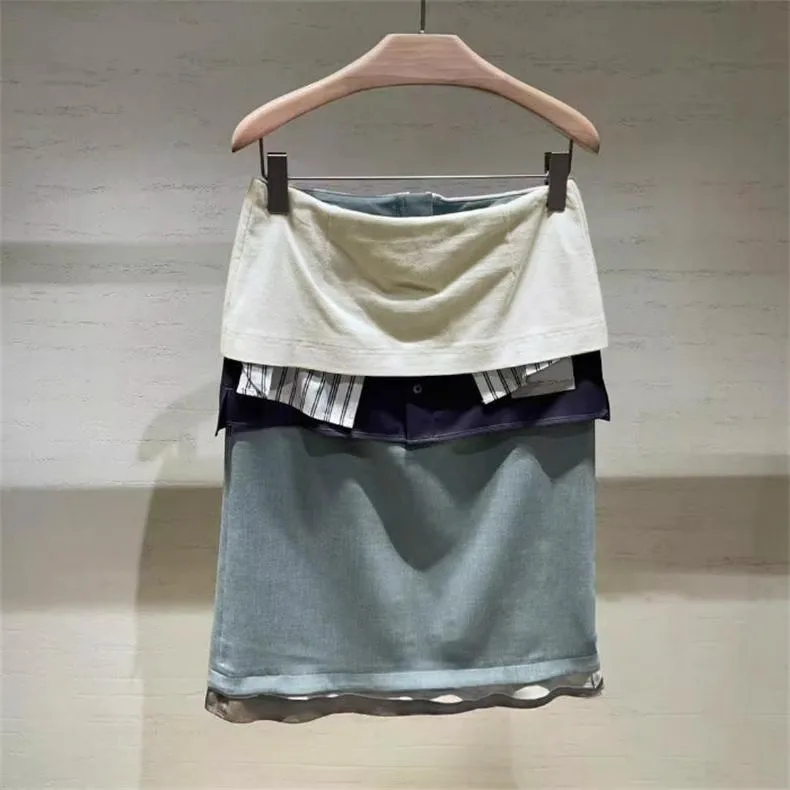 

Niche 2025 spring and summer new fake two pieces of splicing skirt high waist thin A-word short skirt women