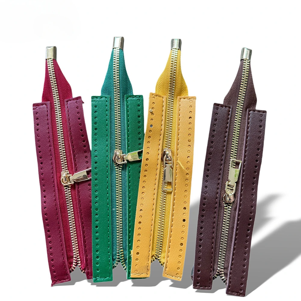 18cm Metal Zippers for DIY Handbag Fashionable Gold Color Zipper with PU Band Hand Crocheting Bag Zippers