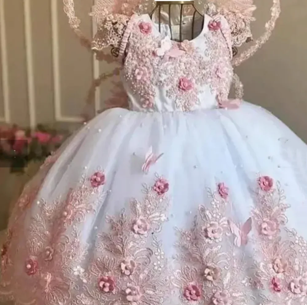 Customized Luxury Blue Flower Girl Dresses For Wedding Embroidery Pearls Flower Toddlers Photo Shoot Party Performance Ball Gown