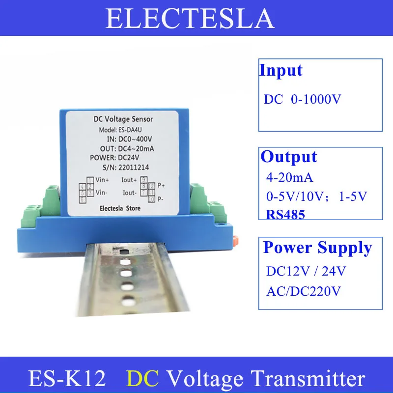 DC 0-1000V Voltage Transducer RS485 Output Transmitter Detector 4-20mA Analog Output 35mm Standard Rail High Voltage Sensor