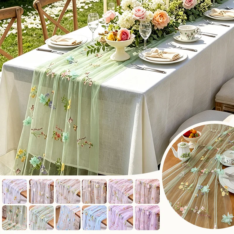 70/145cm Width Tulle Fabric Table Runner with Floral Embroidery Mesh Lace Tablecloth for Wedding Party Background Decoration