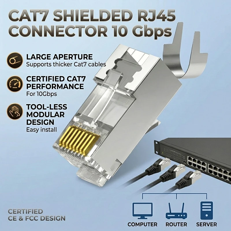

10Pcs Cat7 Shielded RJ45 Pass Through Connector 10Gbps Gold Plated Pins Metal Housing 2-Piece Ethernet Modular Plug Lan Cable
