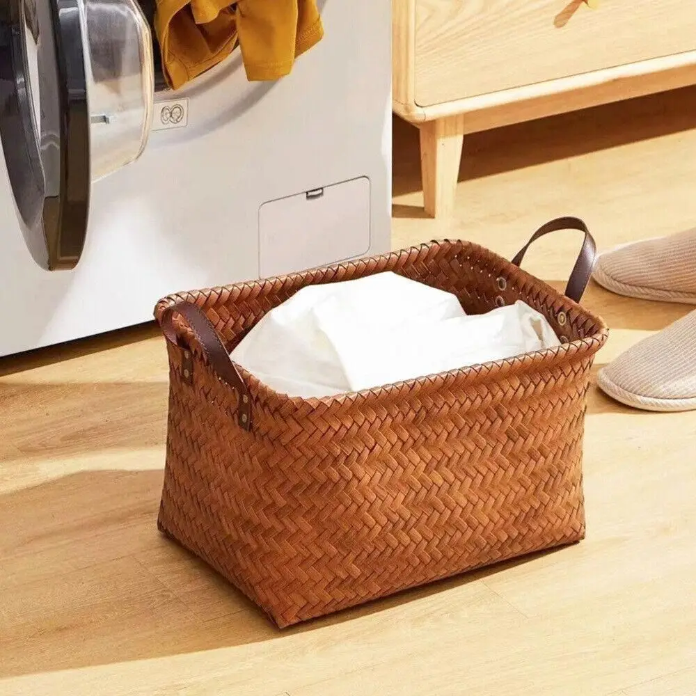 Portable Dirty Clothes Basket Retro Imitation Rattan Weaving Brown Picnic Basket 38cm Home Storage Home Furnishings