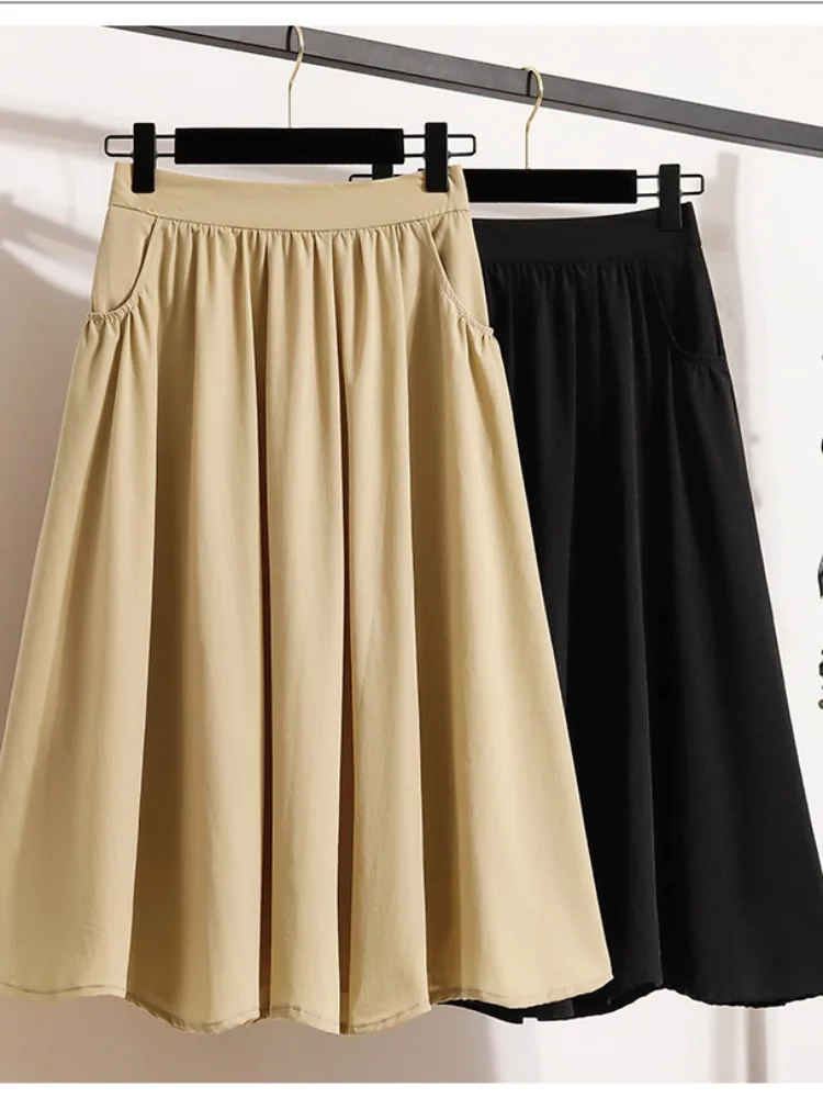 Retro Workwear Pleated Midi Skirt Women's Fashion plus Size Concealing High Waist Draped A-Line Umbrella Skirt