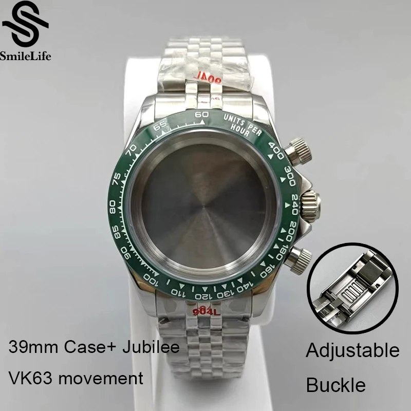 SmileLife VK63 Dayton Case 39mm Watch Case Green Bezel Fit VK63 Quartz MovementWatch Accessories Stainless Steel Watch Strap