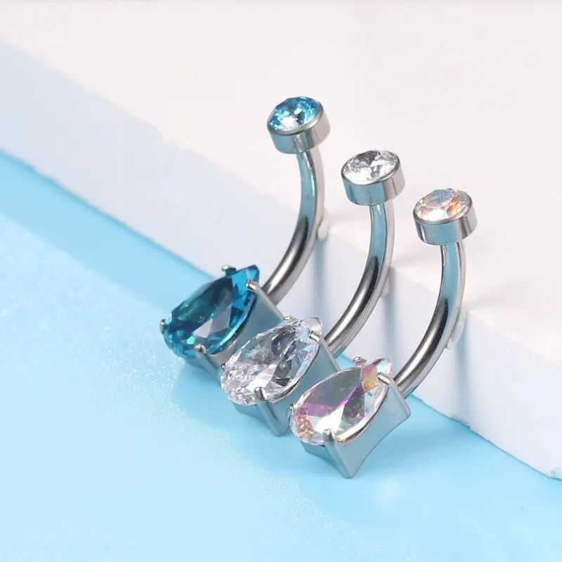 F136 Titanium internal threaded drop water shap zircon  floating navel rings G23 titanium alloy for human body wear
