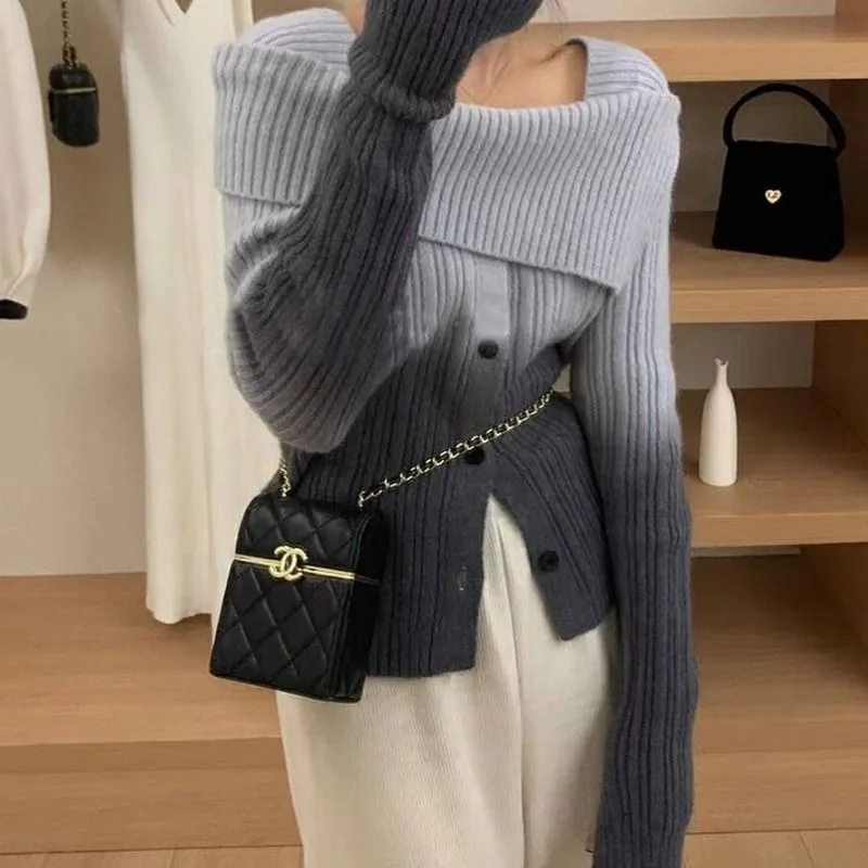 

New Women Korean The Gradual Change of Color Sweater Jacket Autumn Winter Shoulder Knitted Cardigan Female Casual Sweater Jacket