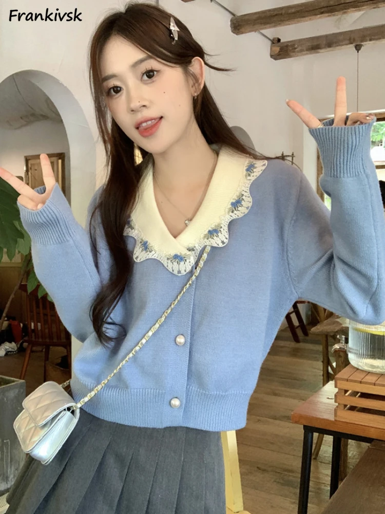 Spliced Cardigan Women Embroidery Knitwear French Style Exquisite Sweet Cute Peter Pan Collar Cropped Schoolgirl Elegant Retro