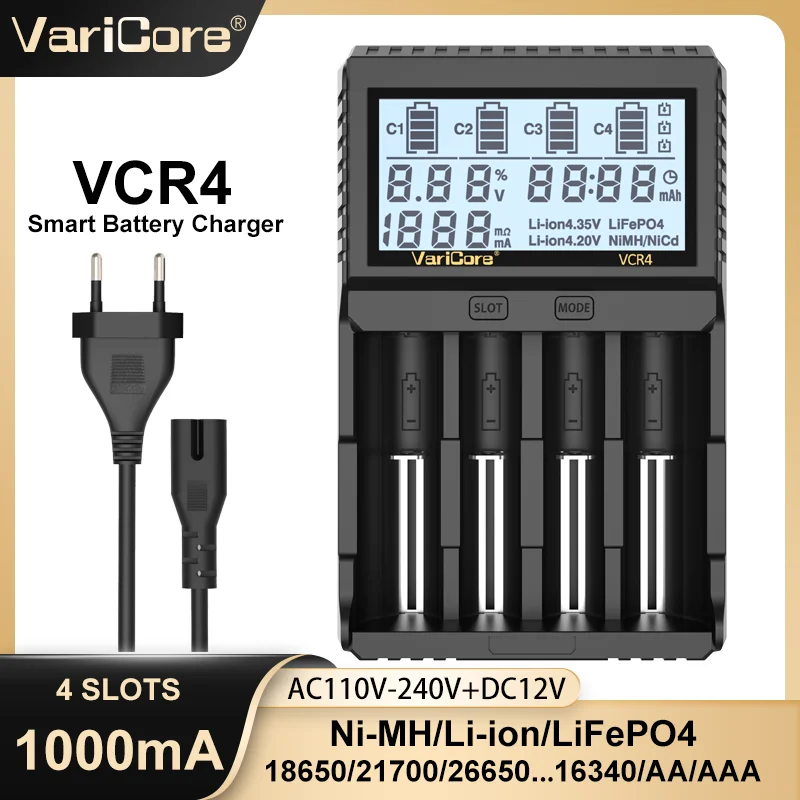 

VariCore VCR4 4 Slot Smart Universal Battery Charger for 3.7V Li-ion 18650 21700 26650, 1.2V Ni-MH AA AAA, 3.2V LiFePO4 - Overch