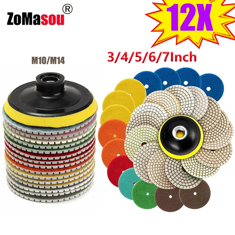 3/4/5/6/7Inch Diamond Polishing Pads Kit Wet/Dry for Granite Stone Quartz Concrete Marble Tile Glass Polishing Use Grinding Disc