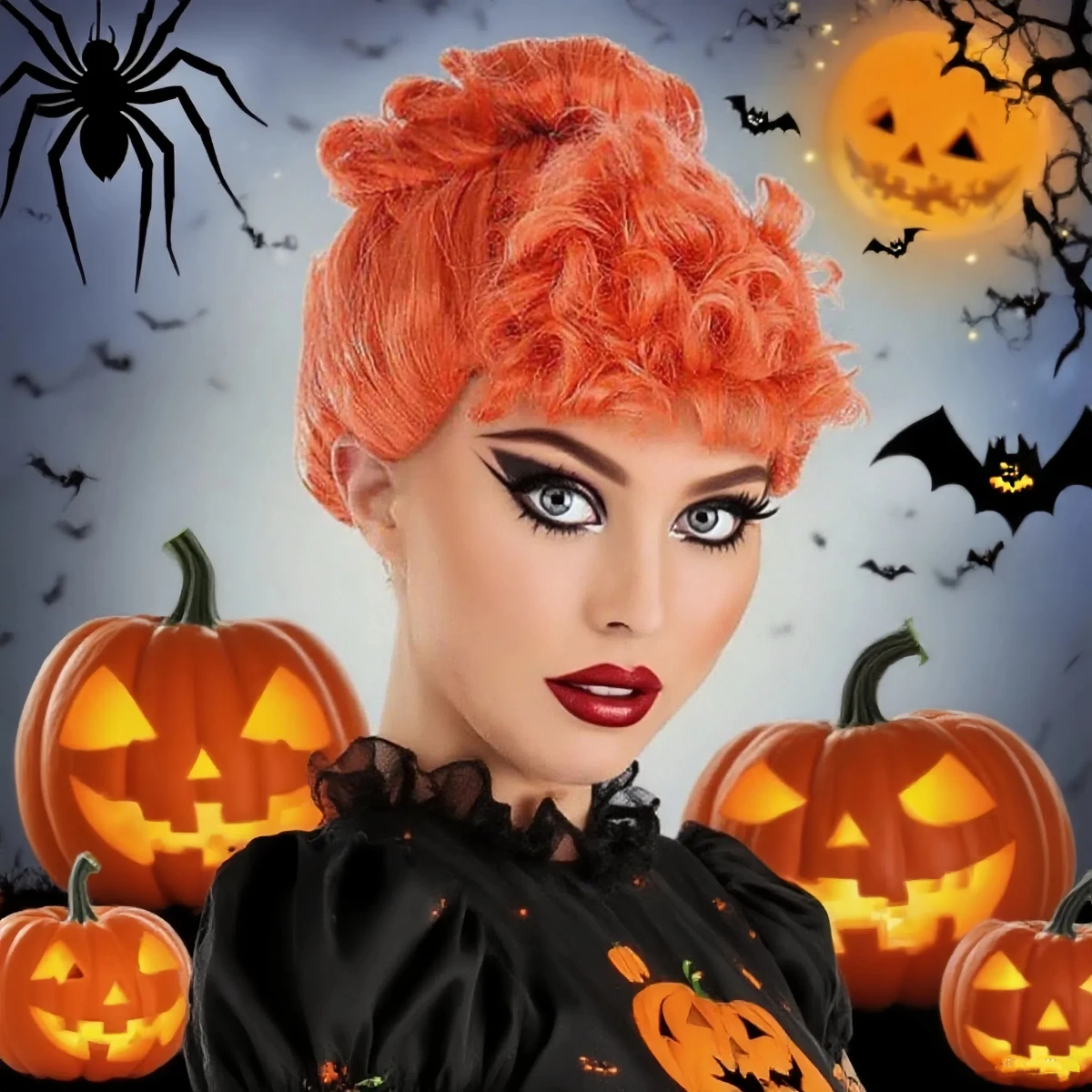 برتقالي رقيق قصير مجعد الشعر حزمة الألياف الكيماوية شعر مستعار اصطناعي |   أزياء الرجعية موضوع المرحلة حزب نمط شعر مستعار