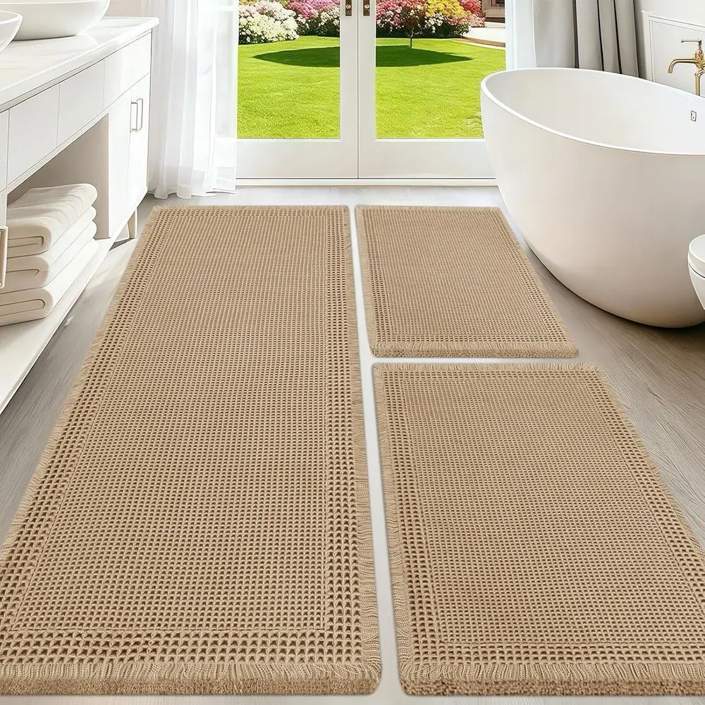 

3 Piece Beige-Bordered Bath Mat Set, Ultra Absorbent Non-Slip Quick Dry Rugs with Tassels, Washable Boho Style Bathroom Floor Ma