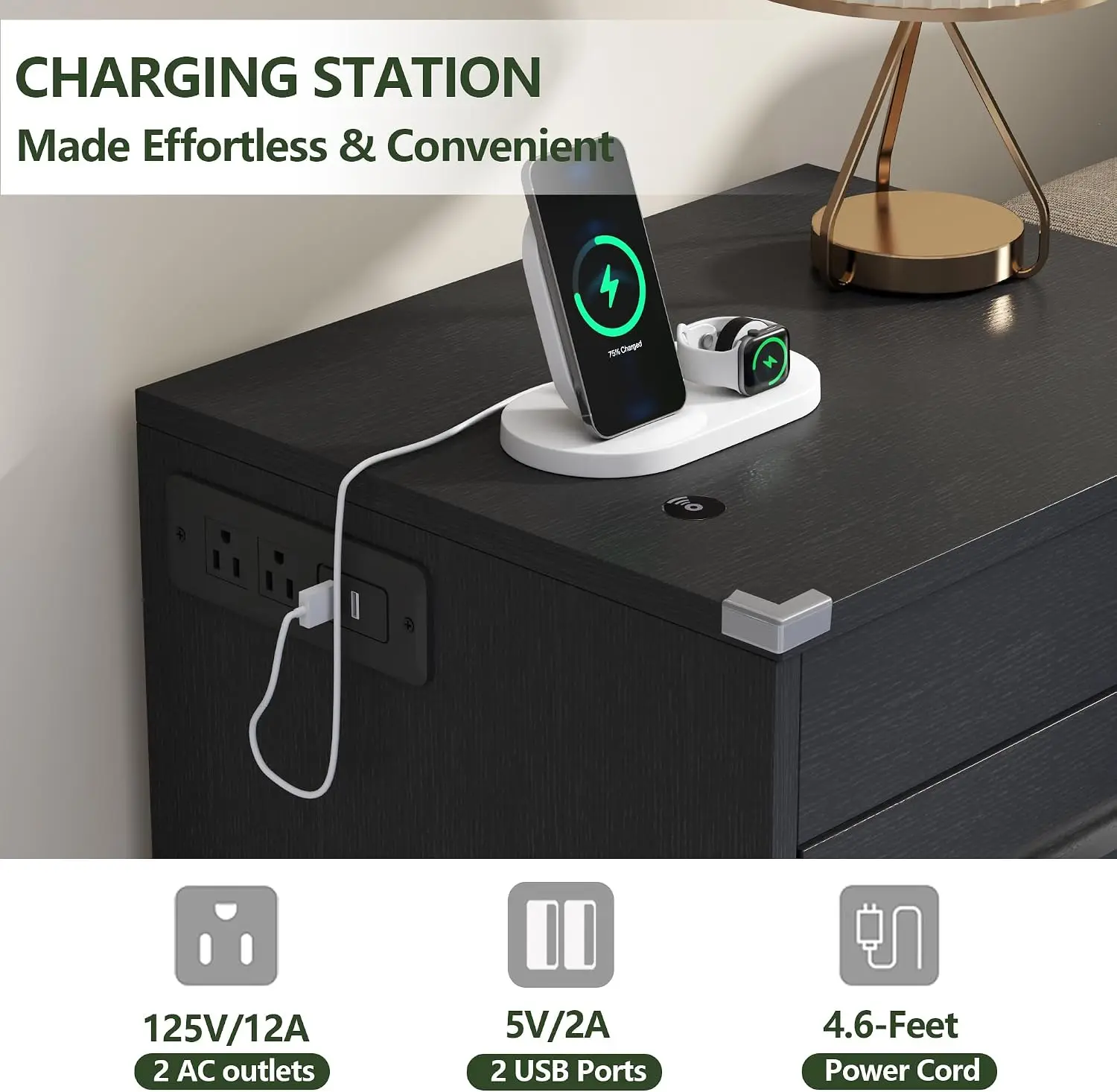 Black Nightstand Set of 2 with Charging Station & RFID Lock,LED Night Stand | Smart Nightstand with Drawer Storage for Hidden Co