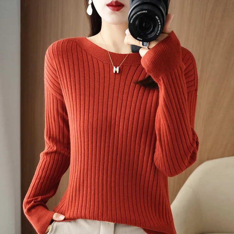 

Korean Gentle Temperament Straight Neck Shoulder Pullover Fall/Winter 2023 Slim Fit Solid Color Long-Sleeved Sweater