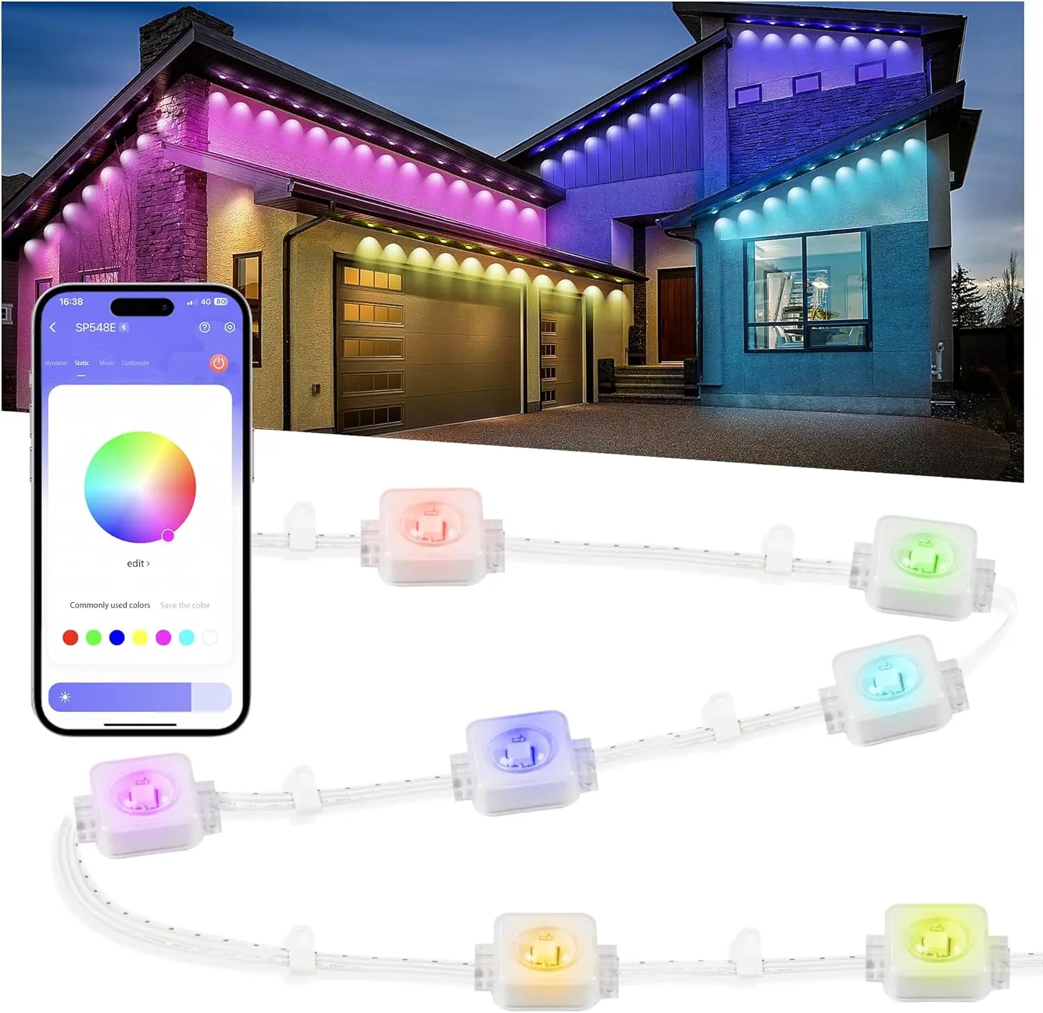 Permanent Outdoor Lights for House, 100ft Smart RGB Plus IC Outside Lights with 72 Scene Modes, IP67 Waterproof Eaves Lights