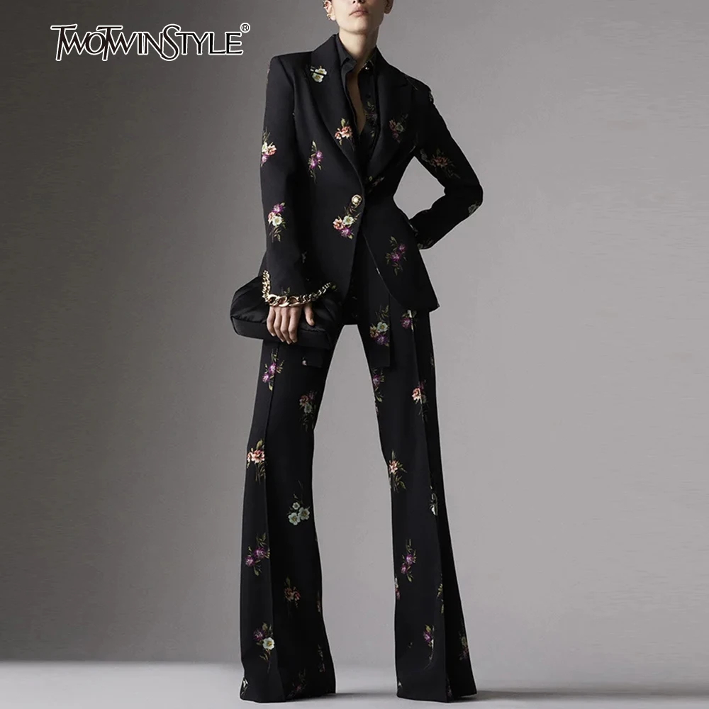 TWOTWINSTYLE Hit Color Two Piece Set for Women Lapel Long Sleeve Coat High Waist Wide Leg Pant Slimming Sets Female New