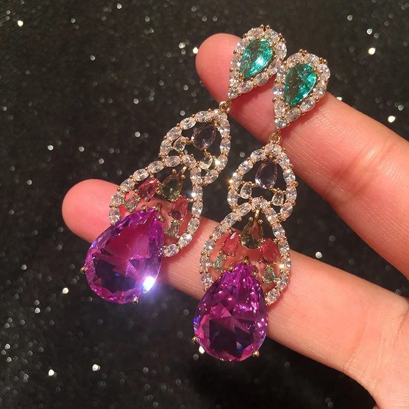 

Luxury Purple Zircon Waterdrop Hanging Earring for Women Trend Crytstal Gorgeous Bride Wedding Banquet Jewelry Brincos Female