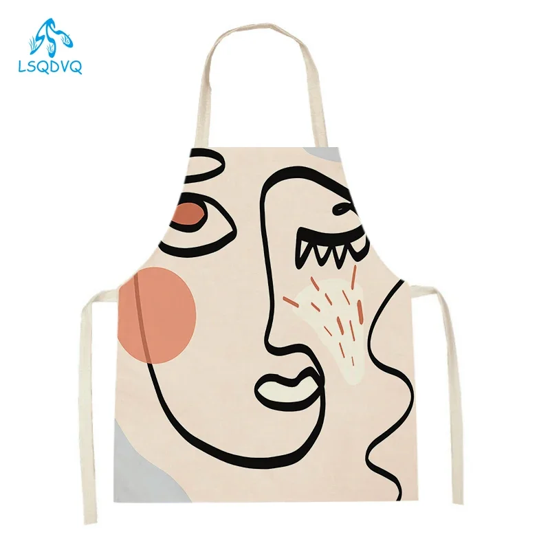 Kitchen Apron Abstract Characters Printed Sleeveless Linen Aprons for Men Women Home Cleaning Tools Cooking Baking Accessories