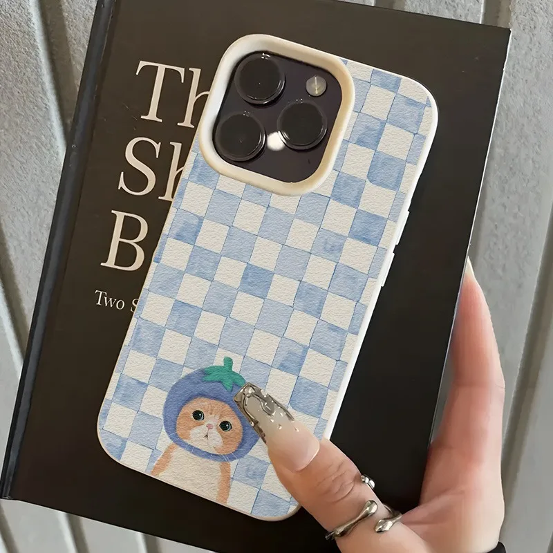 Cute Plaid Kitten Lychee Texture Phone Case For iPhone 17 16 15 Pro Max 14 13 12 11 Pro 14 15 Plus 17 Air Silicone Soft Cover
