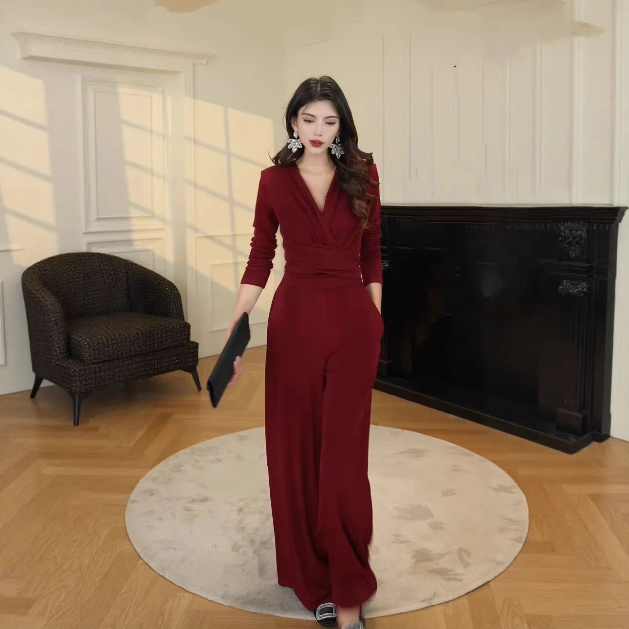 

Ele Red V-Ne-Piece Pants Women's Autumn Winter Slimming High Waist Long Pants Faionable Casual Polyester Fabric