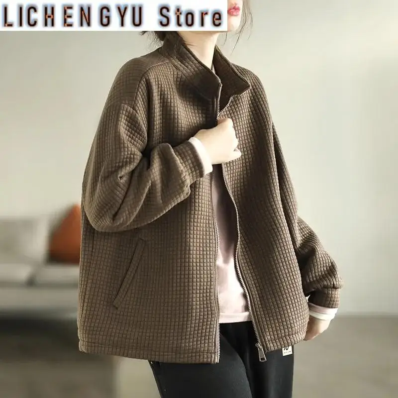 Spring Autumn Mid Aged Plaid Women Jacket Fashion Pocket Zipper Short Coat Female Causal Windbreaker Outerwear Lady Tops