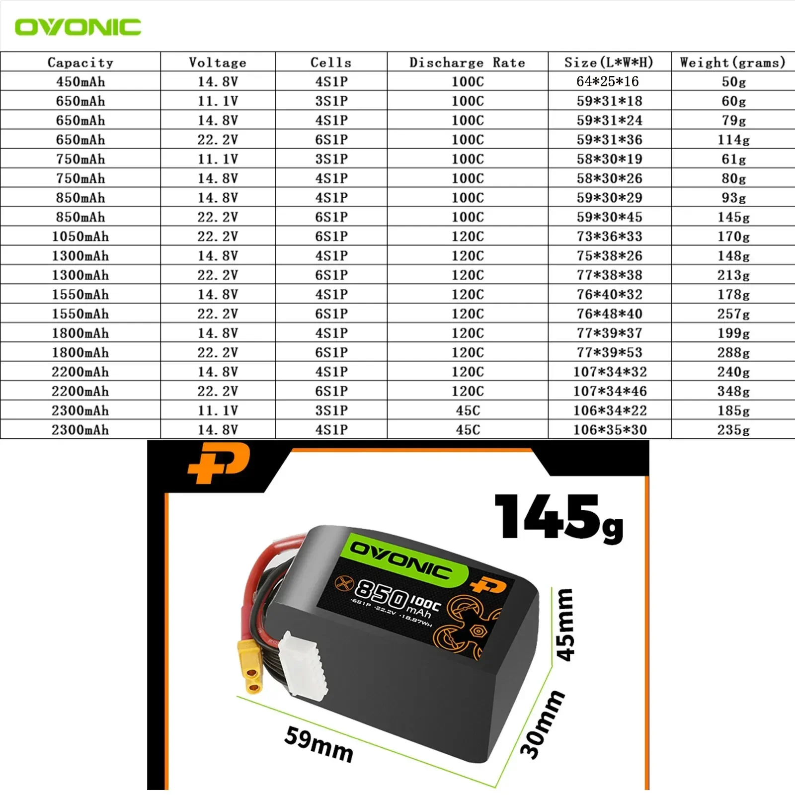 2PCS OVONIC 3S 4S 6S Lipo Battery 450 850mAh 1050mAh 1300mAh 1550mAh LiPo Battery Pack For FPV  Helicopter Drone Boat Airplane