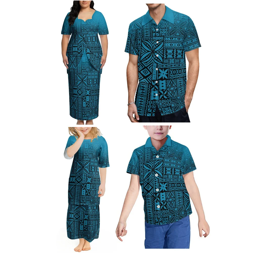 Полинезийская островная модная одежда для всей семьи: летние женские и девичьи платья-пулетаси, мужские и мальчиковые повседневные рубашки.