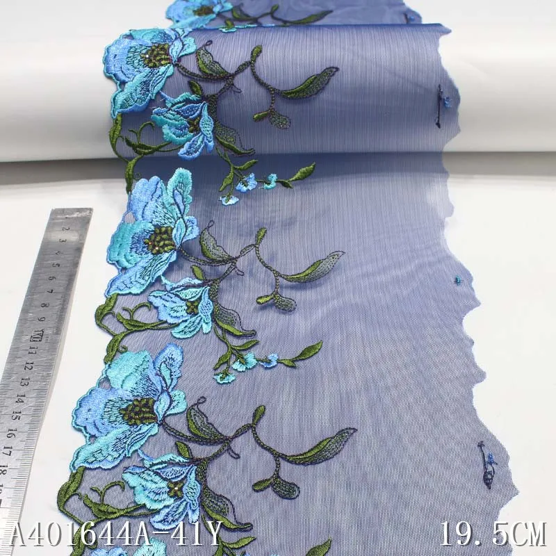 1 Yard 19cm wide Blue Soft Mesh Embroidery Lace Trimmings Dress Accessories Lace Fabric Sewing Crafts Doll Material