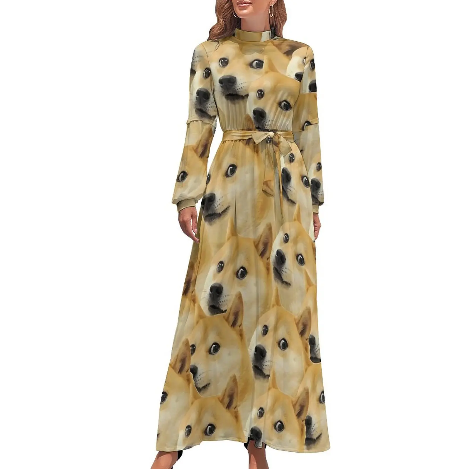 Shiba Inu Doggo Dog Meme Montage Dress Long-Sleeve  Elegant Maxi Dress High Neck Aesthetic Graphic Boho Beach Long Dresses Gift