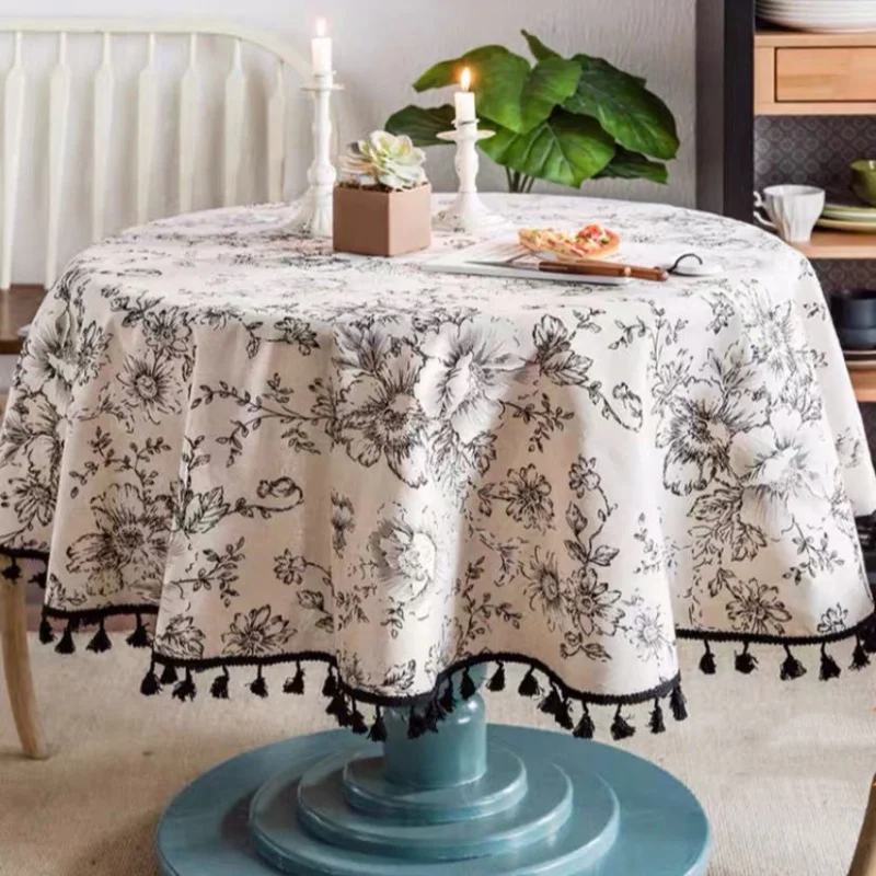 French Pastoral Waterproof High-Grade Cotton and Linen Tassel Tablecloth Ins American Small round Table Coffee Artistic