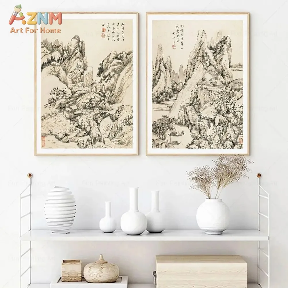 AZNM - Lienzo decorativo sin marco con paisaje tradicional chino en tinta, impresión vintage de caligrafía Shan Shui de montaña y río, estilo oriental