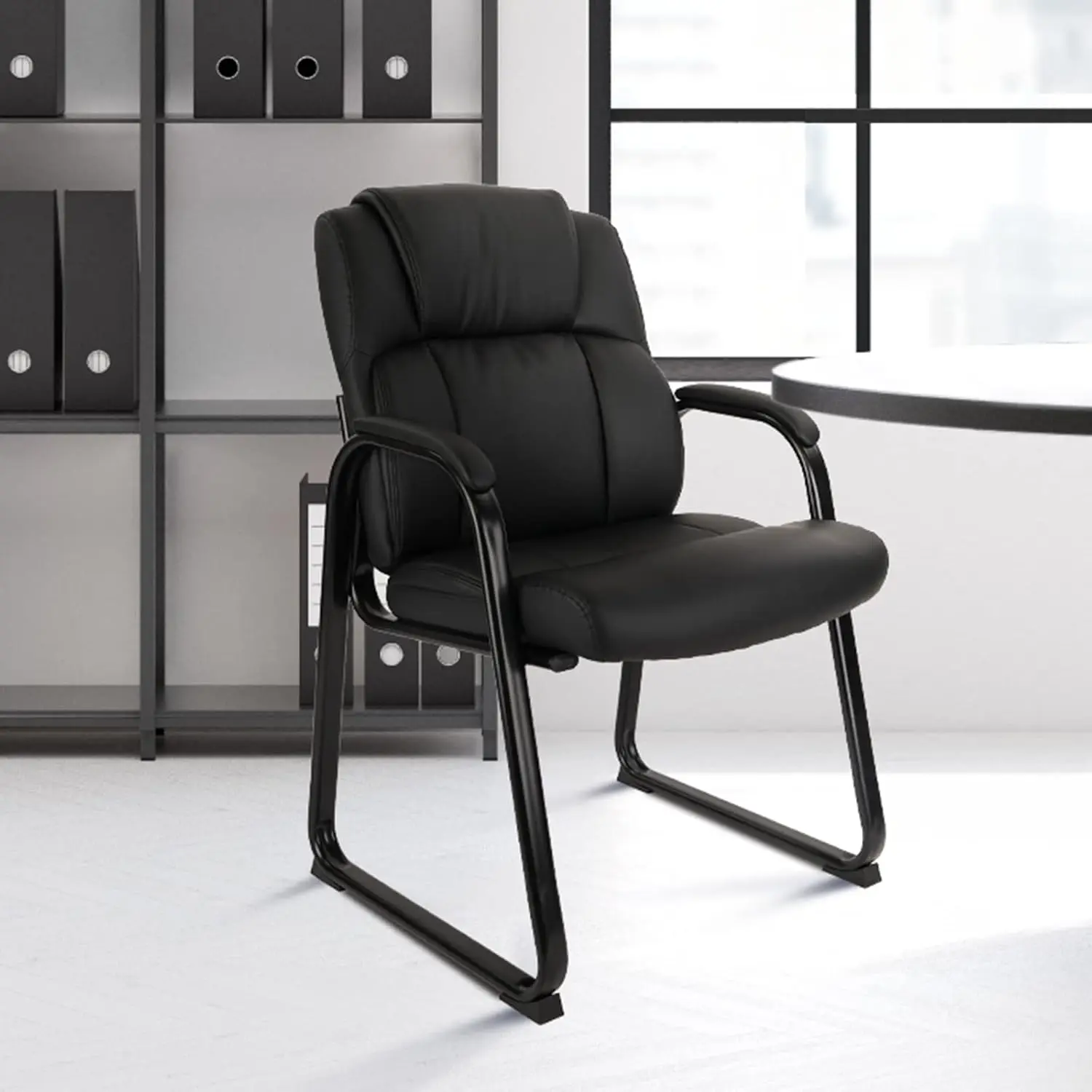 Clatina Classic Leather Soft Reception Chair With Padded Armrests And Sled Base, Executive Guest Chair For Office Computer Desk