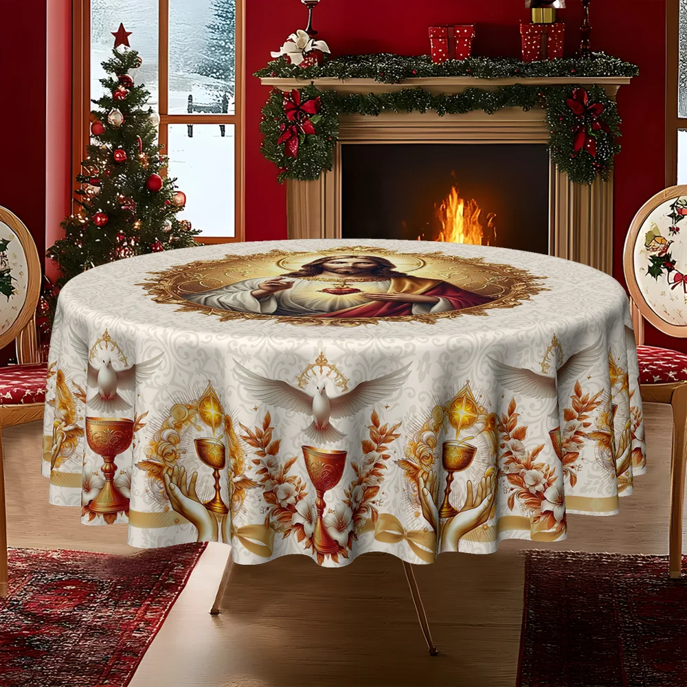 1Pc 2D Flat Merry Christmas Religious Theme, Sacred Heart of Jesus Holy Grail White Dove Blessing Print, Round Tablecloth