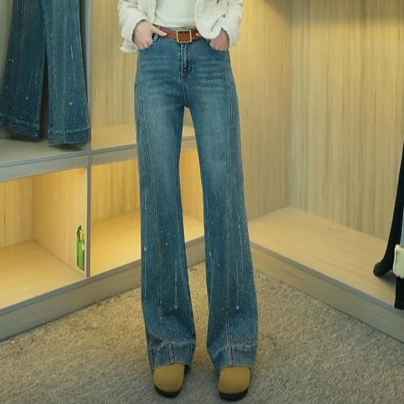 

Spring 2025 High Waist Wide Leg Micro Spicy Jeans Elastic Drill Stretch Floor Length Denim Pants Slimming Versatile Women's J...