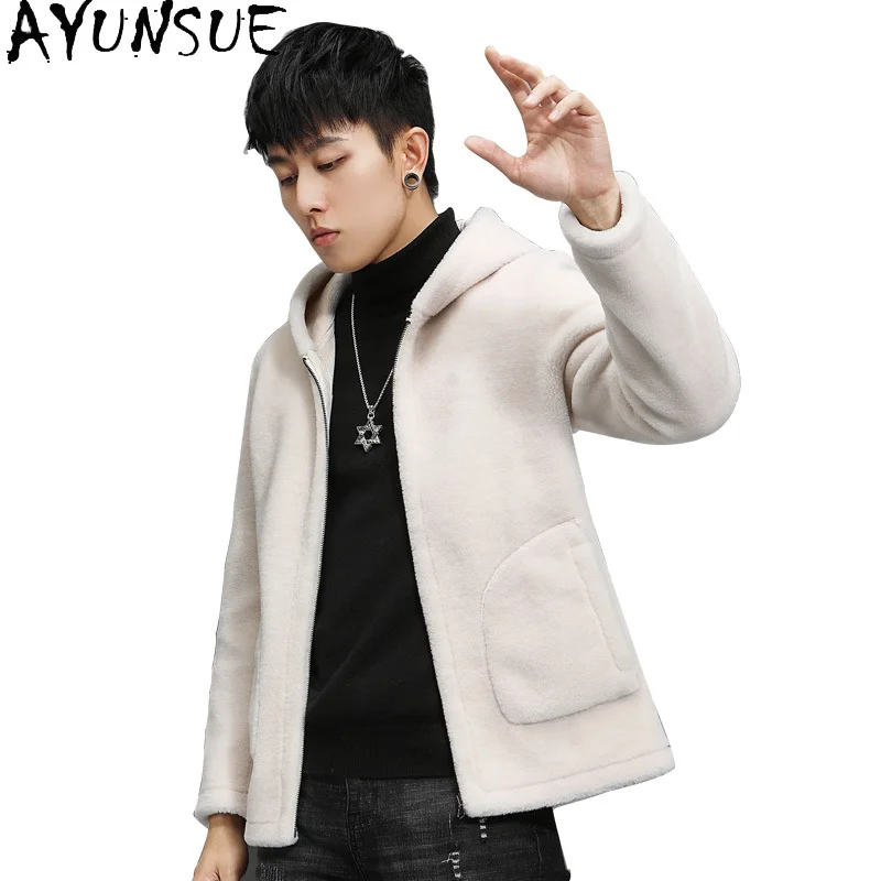 AYUNSUE 2025 Fashion 100% Wool Coats for Man Hooded Winter Mid-length Granular Lamb Wool Jacket Men Clothing Sheep Shearing Coat