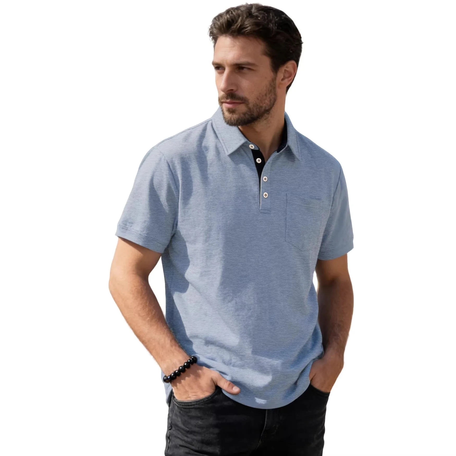 

Men's Casual Cotton Shirt Button down Collar T-Shirt Short Sleeve Navy Blue with Chest Pocket And Contrast Placket