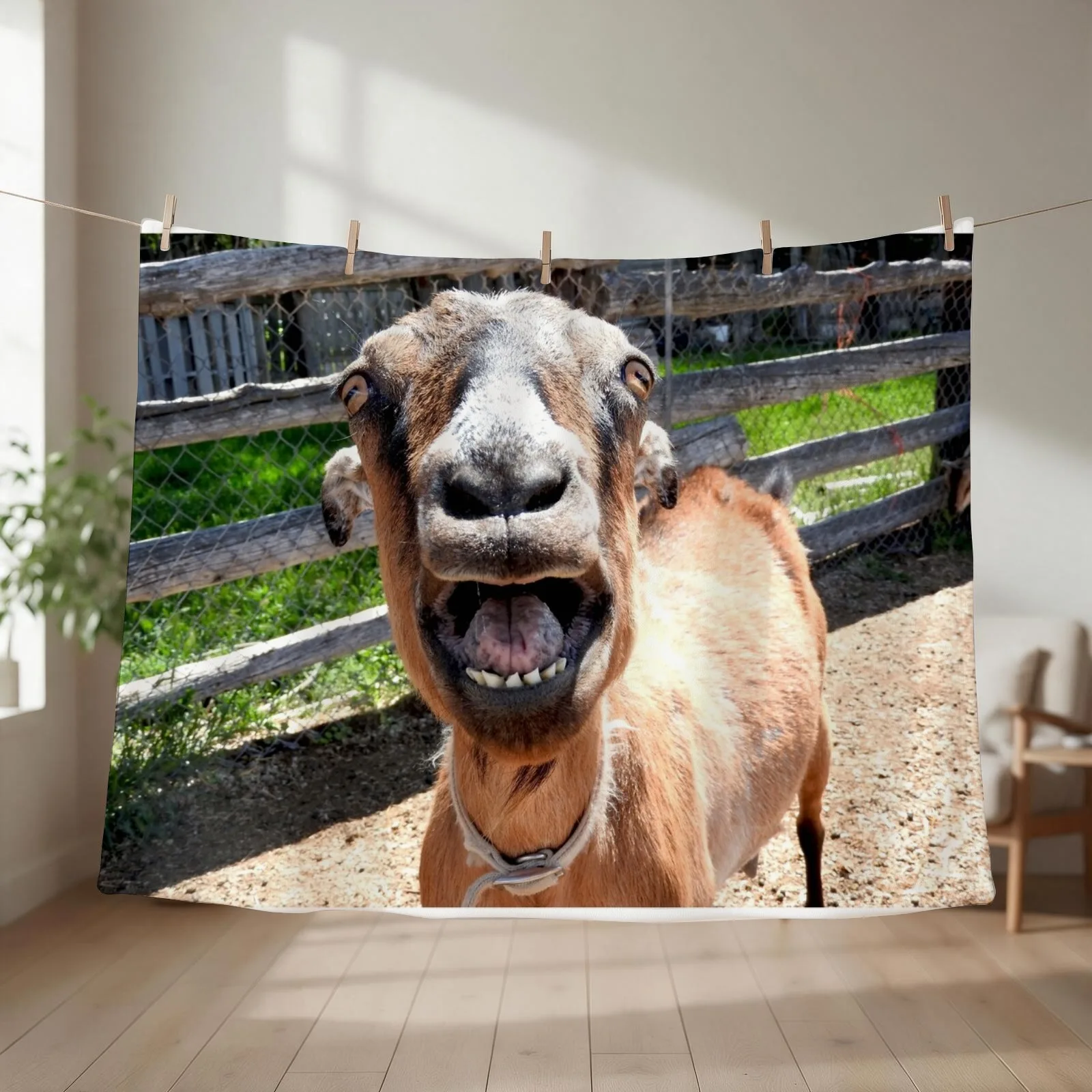 smiling goat, yelling goat, funny goat Throw Blanket couch cozy soft plush fuzzy picnic outdoor blanket