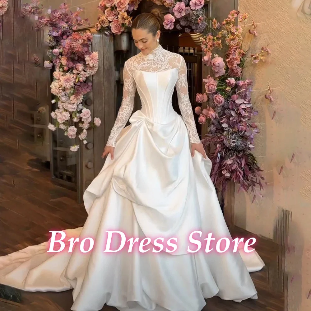 Women White Satin Wedding Dress Fashion High Neck Long Lace Sleeves Ball Gown Ruched Sweep Train Elegant Vintage Bridal Dress