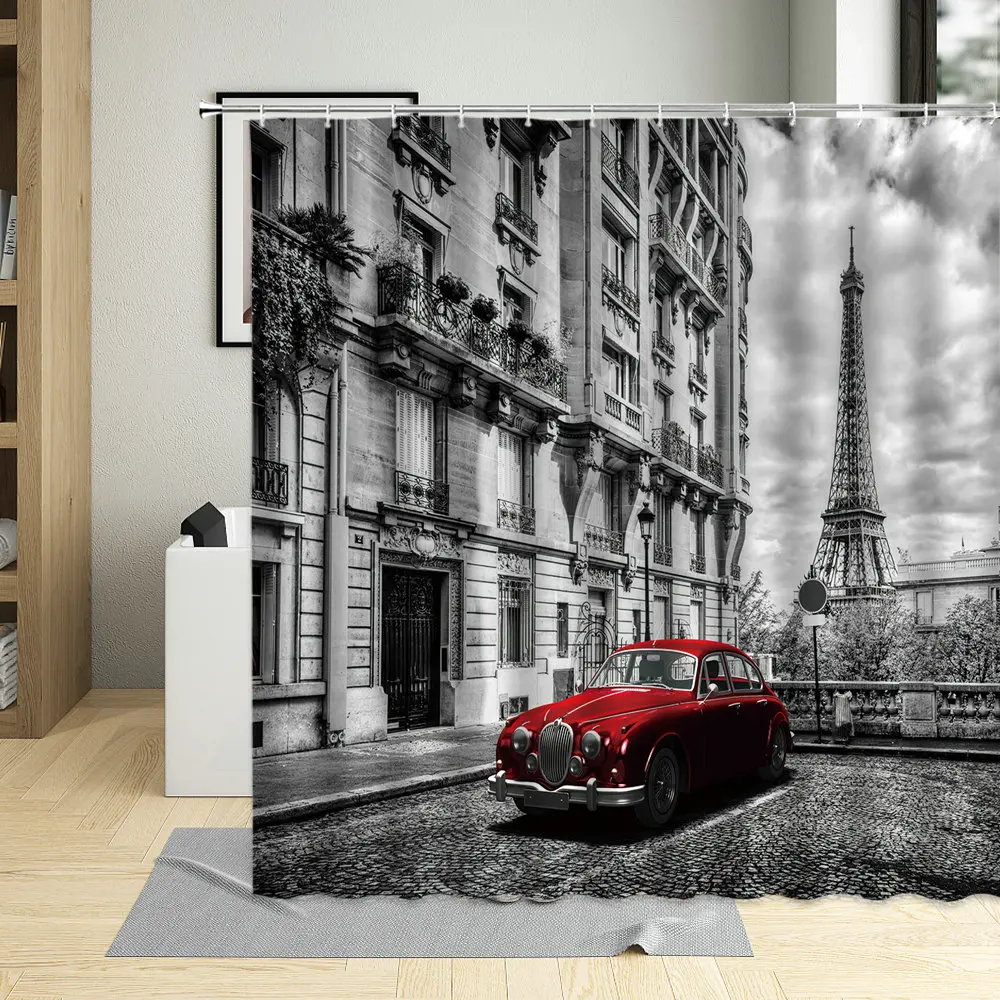 Europe City Street Style Black White Street View Shower Curtain Vintage Building Decor Screens Bathroom Curtains With Hooks Set