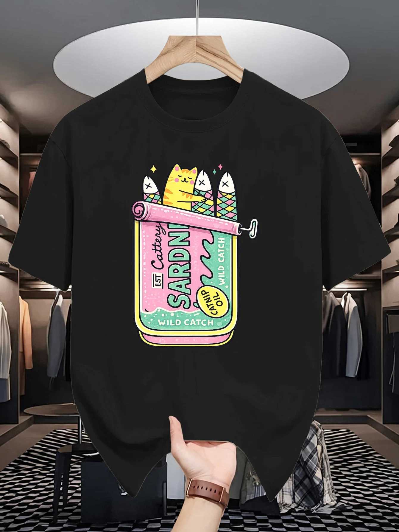 Mens Crew Neck T Shirt Funny Cat Hiding Inside Sardine Can Colorful Cartoon Graphic Short Sleeve Casual Cotton Fun Street Tees