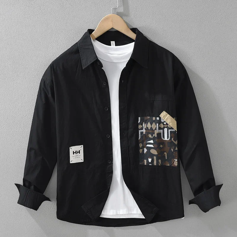 Korean Fashion Black Shirt Men Long Sleeve Spring Streetwear Printed Patchwork Designer Shirts Male Casual 100% Cotton Shirts