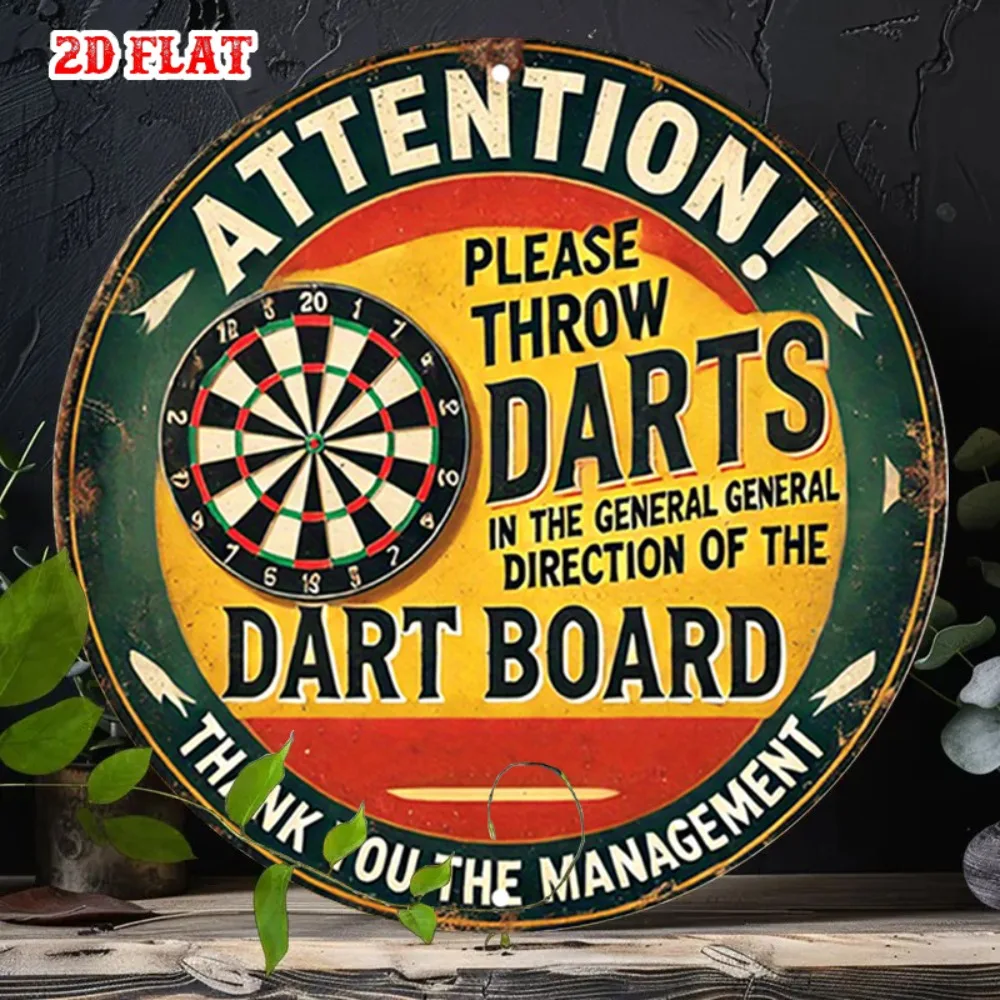 2D Flat Vintage Darts Round Aluminum Game Sign, Rustic Metal Wall Art for Home Garage Cafe Dining Room Halloween Decor