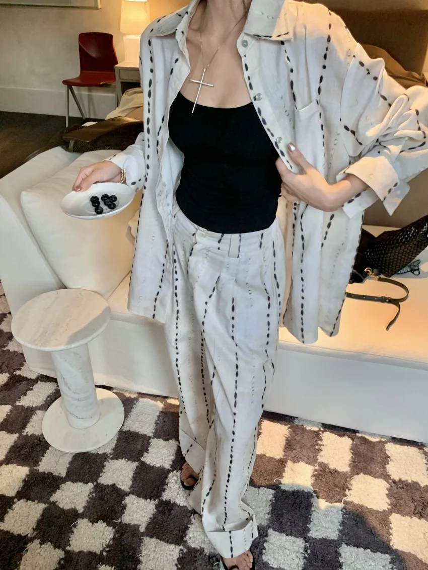 Alien Kitty-Conjuntos sueltos informales para mujer, camisas de manga larga con estampado de protección solar, pantalones de pierna ancha suaves, elegantes, para oficina