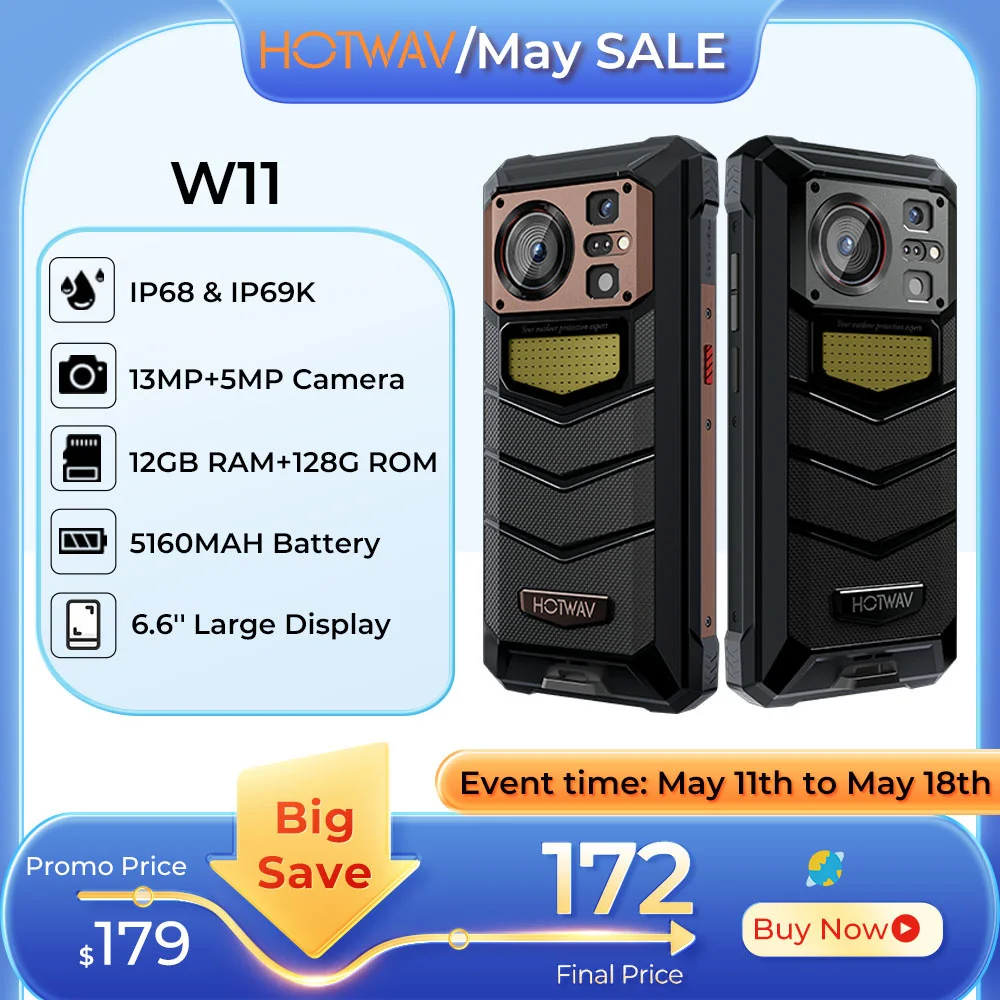 

HOTWAV W11 Rugged Phone 6.6'' FHD+ 64MP+24MP(Night) Vision Camera Smartphone 20800mAh 12GB RAM+256GB ROM Charging Cellphones