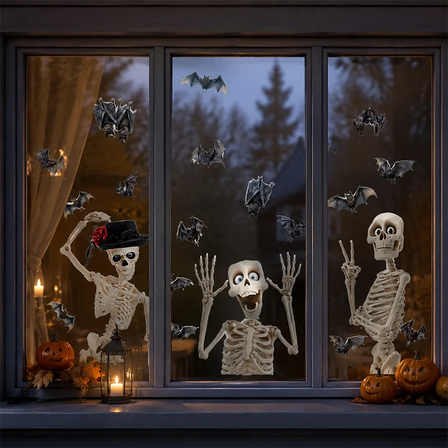 4 Stück Halloween-Skelett-Fledermaus-Fensteraufkleber, wiederverwendbare statisch haftende Aufkleber für Zuhause, Party, Spukhaus, Innen- und Außendekoration