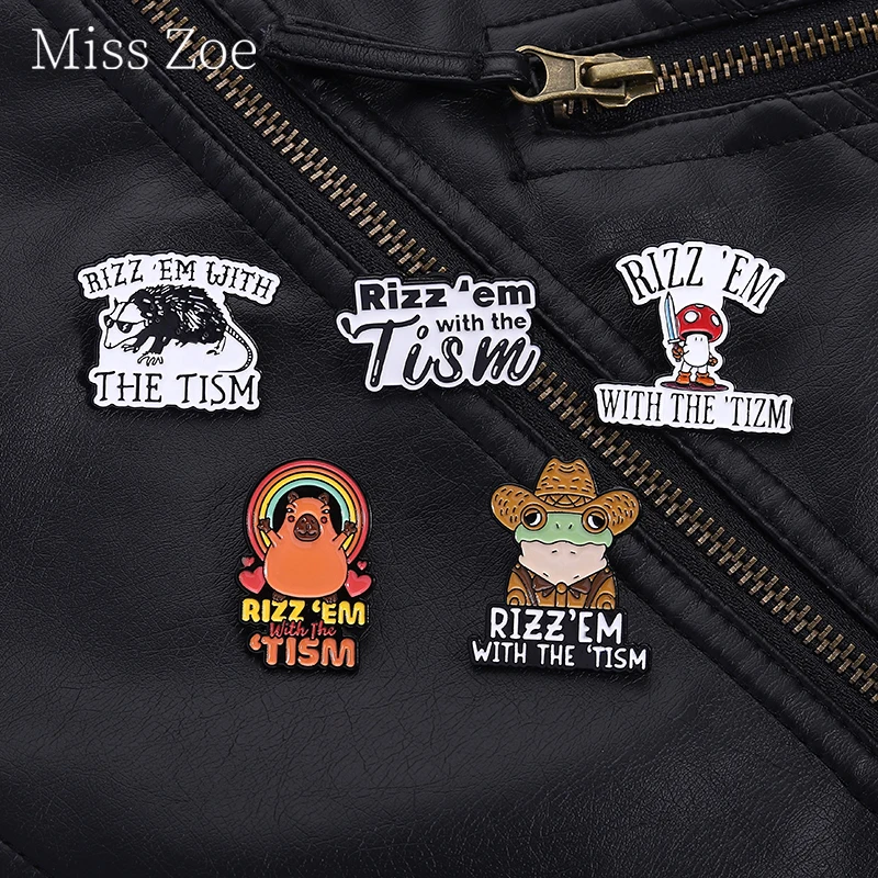 Rizz Em With The Tism Enamel Pin Rainbow Love Hippopotamus Cowboy Hat Frog Opossum Metal Brooches Lapel Badge Jewelry Gift