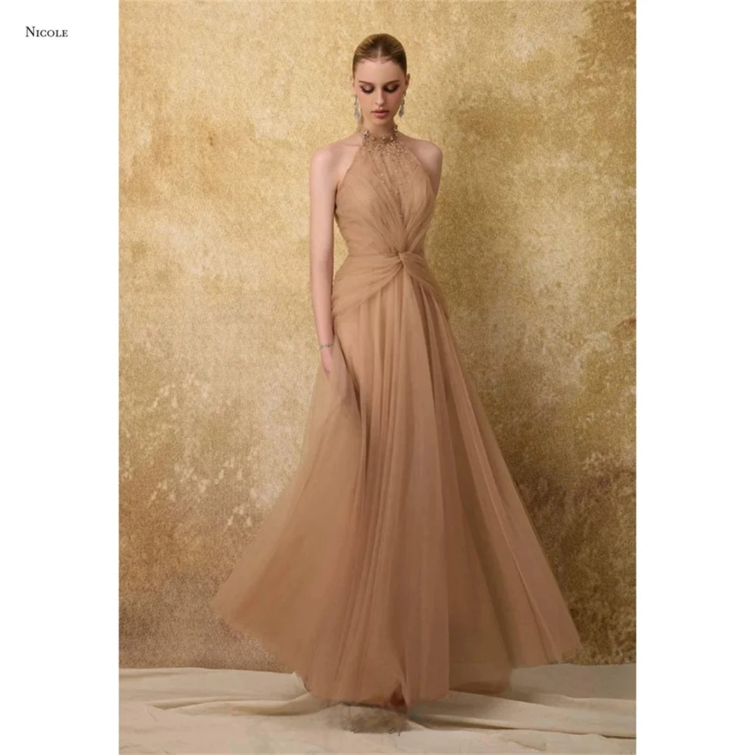 

Nicole Chiffon Evening Dresses Woman Elegant Wedding Guest Dresses for Special Occasions Custom Made Round Collar Line A Prom