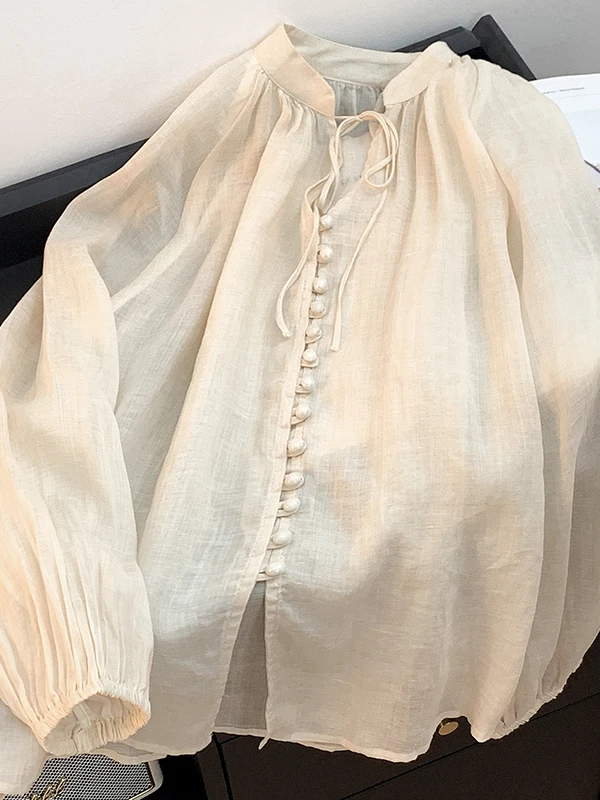 

High-End Women's Cotton Linen Sleeveless Loose Sun Protection Shirt Summer New Style 2026 Tying Elastic Lantern Sleeve Shirt