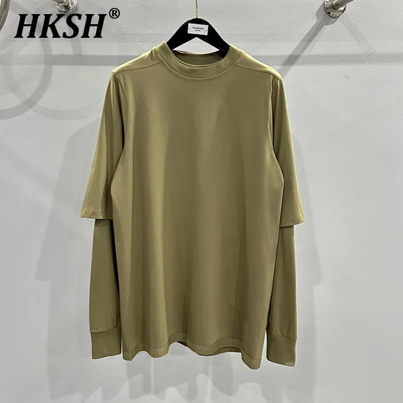 

HKSH Men's Tide Spring Summer New Knitted Two-Piece Dark Punk Design Double Layer Solid Color Loose Long Sleeve T-shirt HK0368